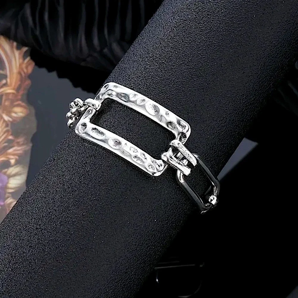 Stainless Steel Rectangular Bracelet Boho Hammered Chain Link